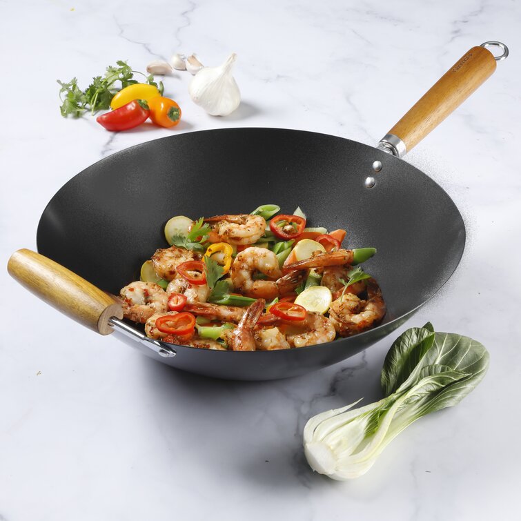 Kenmore Hammond 14 Inch Flat Bottom Carbon Steel Wok In Black With Wooden  Handles : Target