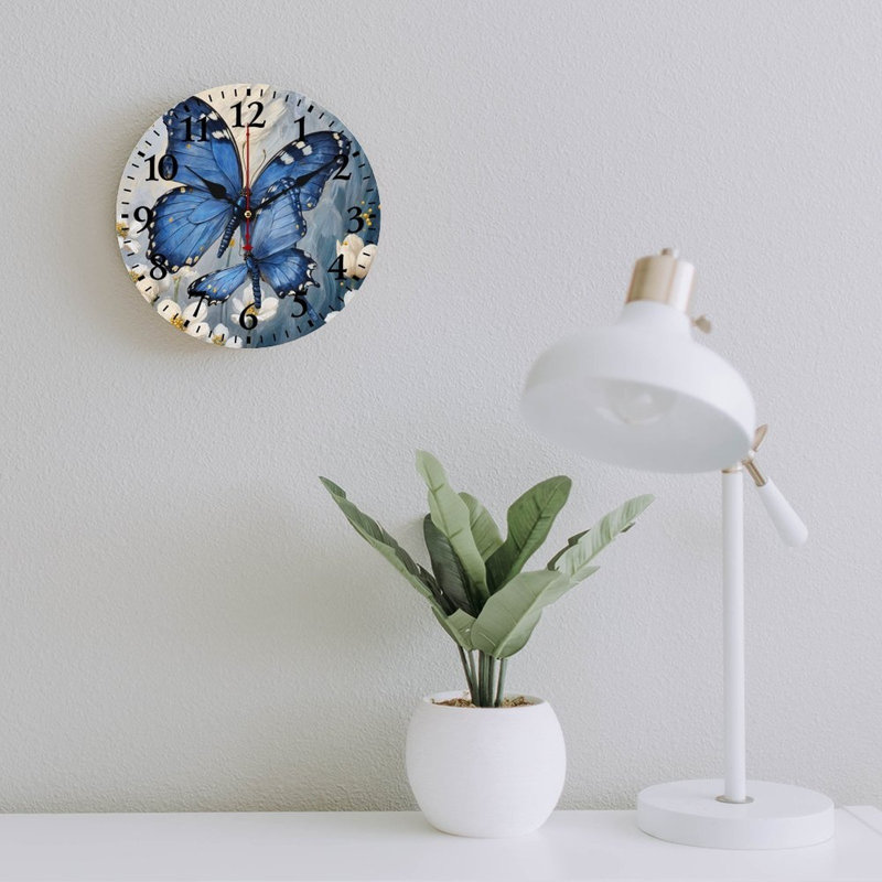 Horloge murale papillon bleue et blanche, 12 po x 12 po, pour le balcon et la décoration de chambre d'amis