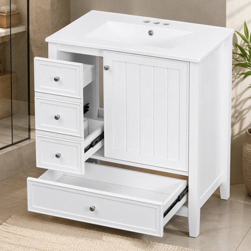 Meuble-lavabo 30 po avec lavabo, 1 armoire et 3 tiroirs, panneau de bois massif et panneau de fibres à densité moyenne, blanc