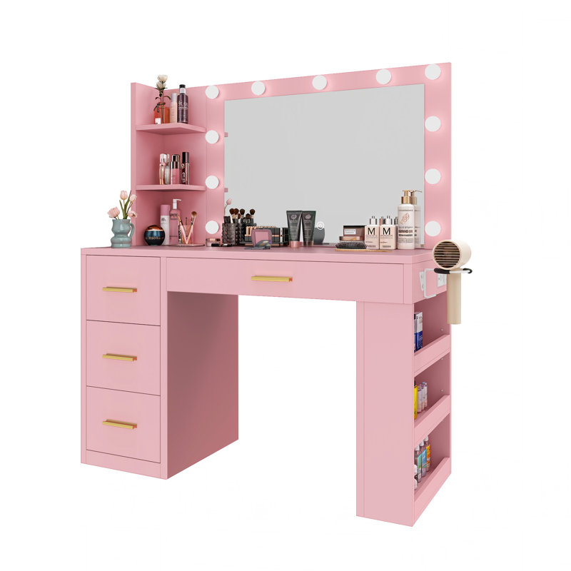 Miroir lumineux 4 tiroirs avec 6 tablettes de rangement et prises de courant USB