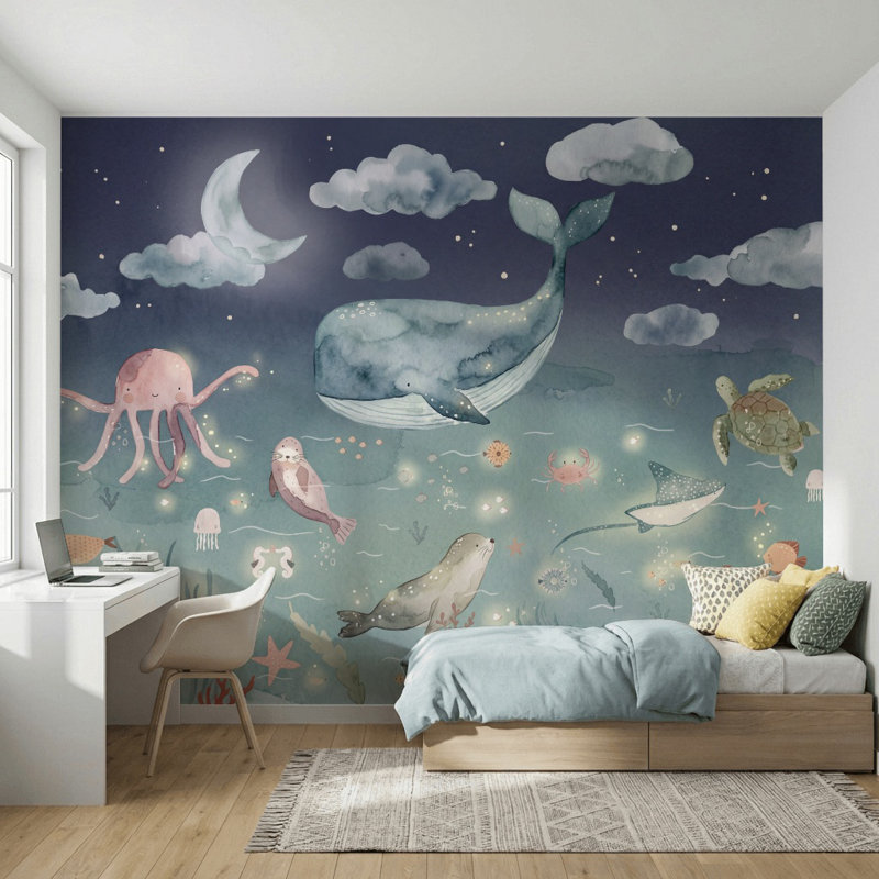 Papier peint aquarelle baleine nuit, Non tissé, 120 po x 96 po