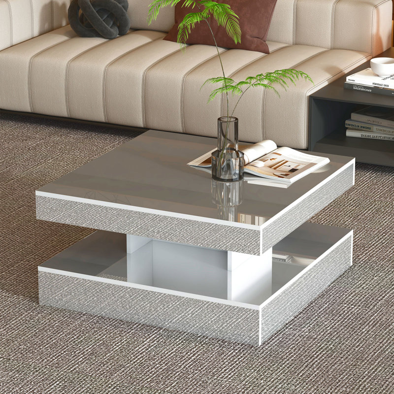 Table basse DEL avec rangement Moderne avec lumières DEL réglables, H 15,7 po x L 30,7 po x l 30,7 po, Effet miroir / argent