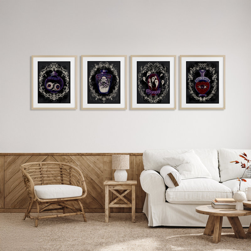 Ensemble de 4 bouteilles à spéculations Spooky, sous-verre, par Connie Summers, H 21 po x l 17 po, Cadre de récolte en pin