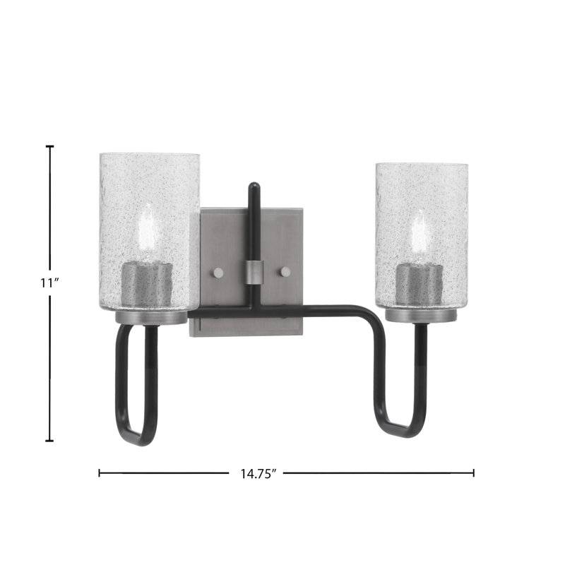 Barre d'éclairage de salle de bain 2 lumières Amarmula, noir mat et finition graphite, verre fumé 4 po, Transparent/noir