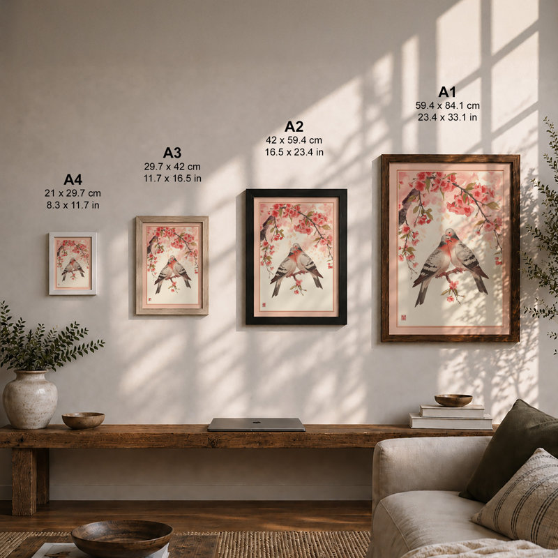 Perched in Blossom Japandi - Framed Print, A2 - 59.4 x 42.0 cm, Black