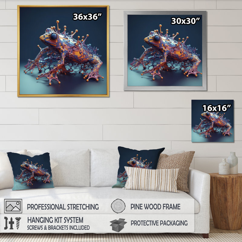 Impression sur toile 3D, grenouille néon, H 30 po x l 30 po x P 1 po, Cadre photo argenté