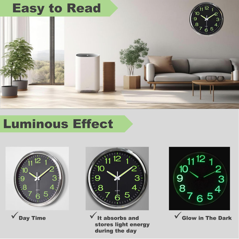 12" Large Luminous Function Numbers And Hands, Silent Non-Tick Quartz Wall Clock, Black