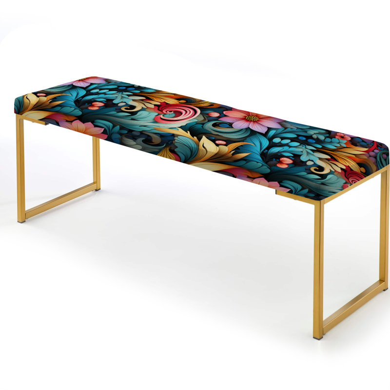 Upholstered Gold Bench, Vibrant Blue Flower Garden Elegance