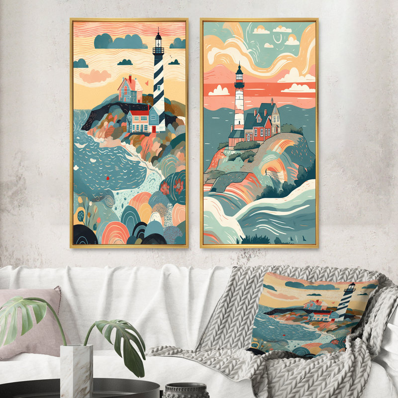 «Phare côtier», 2 pièces sur toile, H 32 po x l 32 po, Encadrement doré