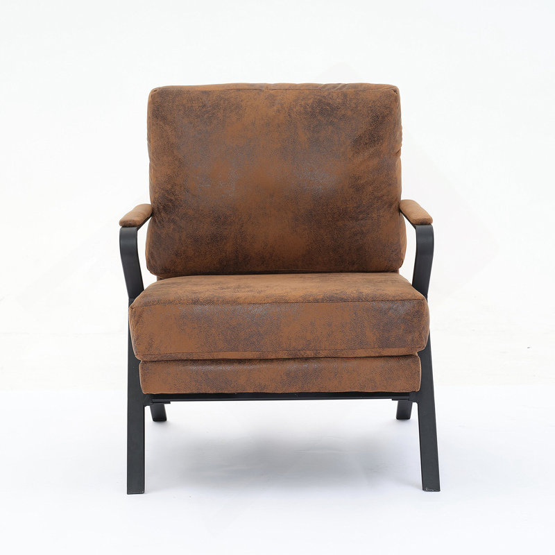 Chaise avec accoudoirs rembourrée de style Mid-Century avec structure en fer et coussin plus épais pour salon, lecture, balcon, brun