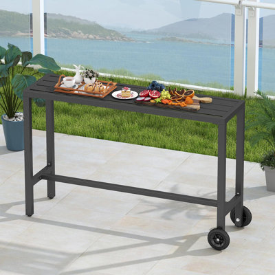Table rectangulaire d'extérieur à hauteur de bar en métal avec roulettes verrouillables, gris foncé