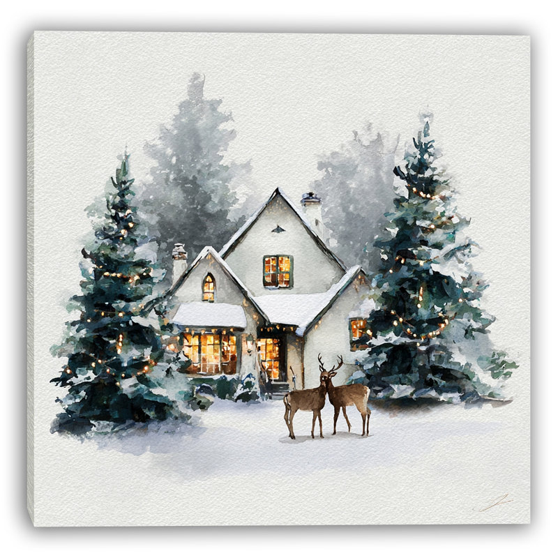 «Evergreen and Cottage with Reindeer», art mural sur toile tendue