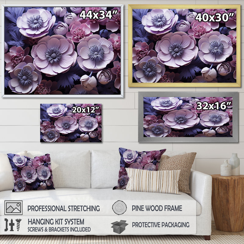 Buttercups Lavender I sur toile, 12" H x 20" W, Cadre flottant doré