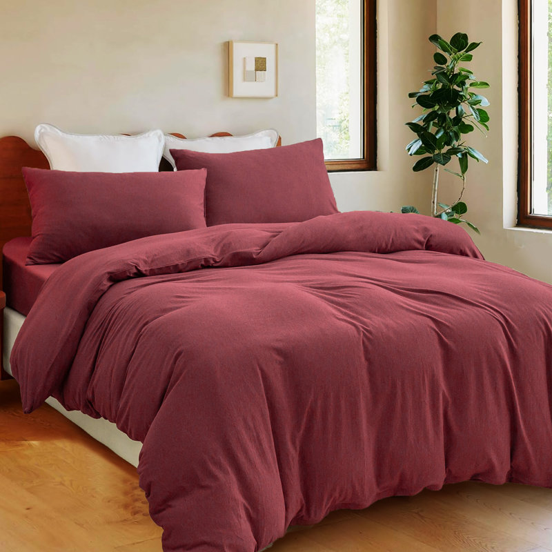 HOME BEDDING Jersey Cotton Duvet Cover Set, Queen Duvet Cover + 2 Standard Shams, Red