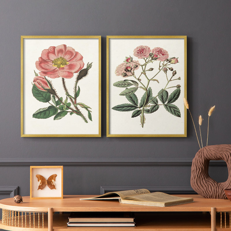 Impression florale rose de qualité supérieure - prête à accrocher - aucun clou requis - aucun clou requis, Or