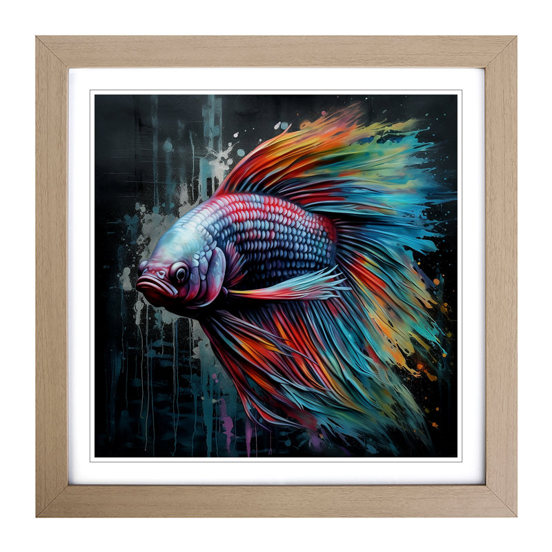 Siamese Fighting Fish Graffiti - Single Picture Frame Print on Wood, Oak