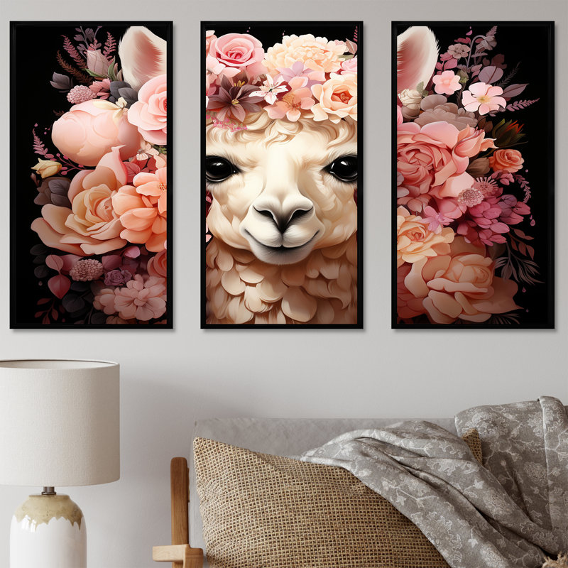 Fleur rose, couronne d'alpaga, art mural, Cadre flottant noir, H 32 po x l 48 po x P 1 po