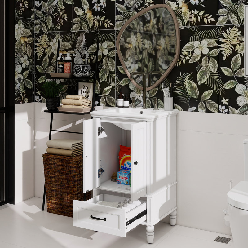 Meuble-lavabo de 20 po avec lavabo, armoire de salle de bain avec deux portes, butoir de porte magnétique et patins réglables, tiroir blanc
