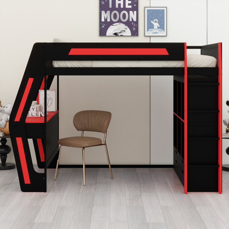 Multifunctional Wooden Gaming Loft Bed, Built-in Writing Desk Design, RGB LED Lights, USB Power Ports, Storage Cubbies, Drawers