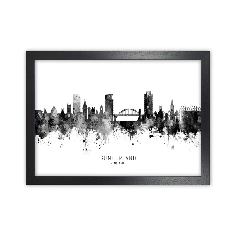 Sunderland England Skyline Black White City Name by Michael Tompsett - Print, 34cm H x 46cm W x 3cm D, Black Framed