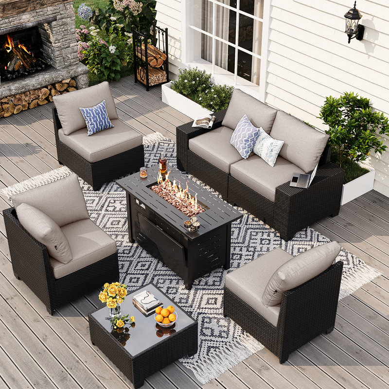 7-pieces Patio Conversation Set With Wide Armrests And Fire Pit Table,outdoor Rattan Seating Group, Black, Gray