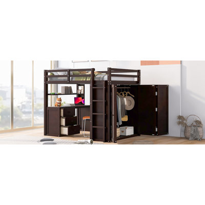 Full Size Loft Bed With Desk. Strong Wood Frame. Drawers And Wardrobe For Organization. 78.3" L X 56.7" W 65" H Solid Structure. Comfort. Space Saving Design. Length Width Height