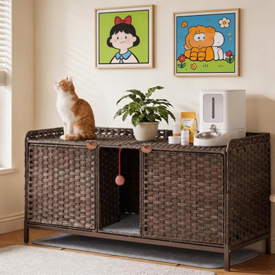 47.2" Rattan Double Litter Box Enclosure for 2 Cats with Removable Mats, Play Ball & Hooks, Hidden Cat Furniture for Living Room, Bedroom