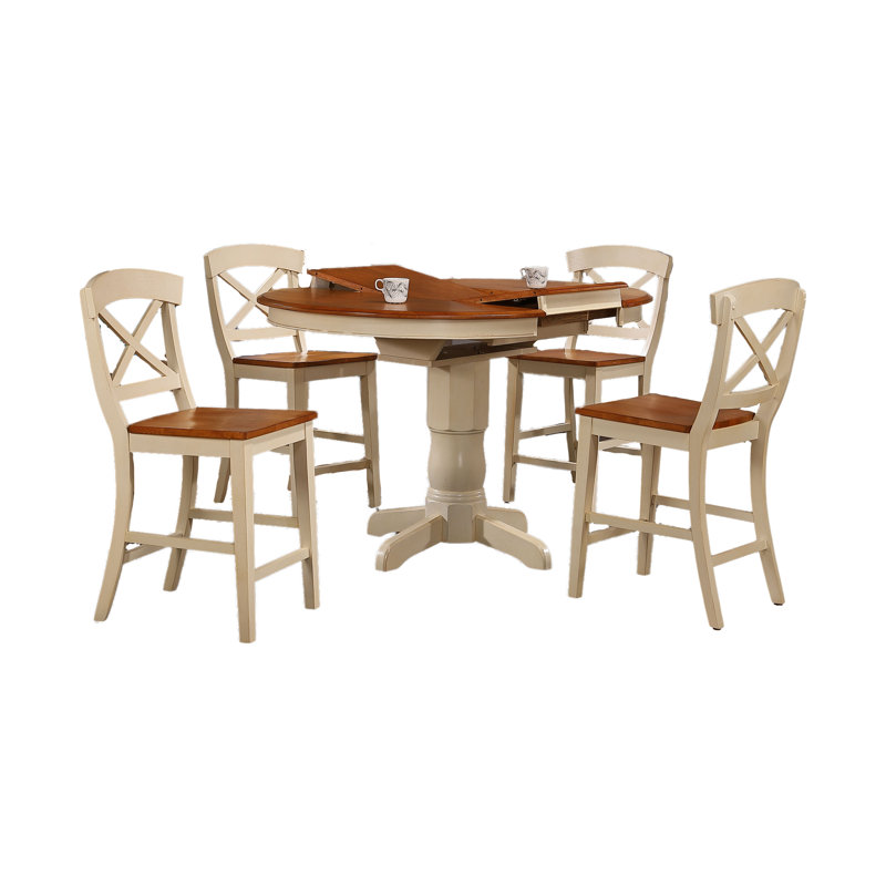  Clarey 5 - Piece Round Counter Height Butterfly Leaf Solid Wood Dining Set With 18" Butterfly Leaf, Caramel, Biscotti