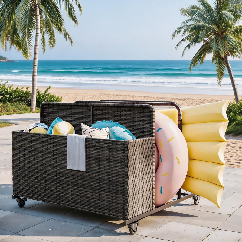 Chariot de rangement pour piscine extérieure en osier roulant, grand bac de rangement pour jouets de patio résistant aux intempéries, armoire de rangement flottante mobile avec roues pour coussins de piscine, serviettes, accessoires de plage