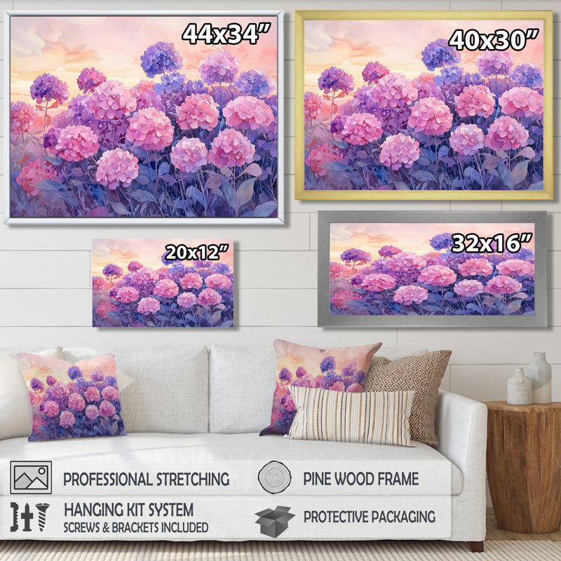Illijah Hydrangea Field At Dusk II - Hydrangea Wall Art, Reproduction encadrée d'une seule photo, H 30 po x l 40 po, Noir
