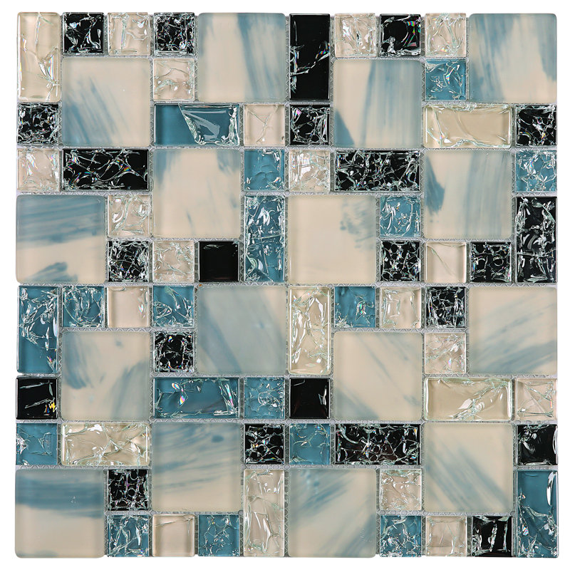 Crackle 11.75'' X 11.75'' Glossy Glass Subway Tile, Blue/Black