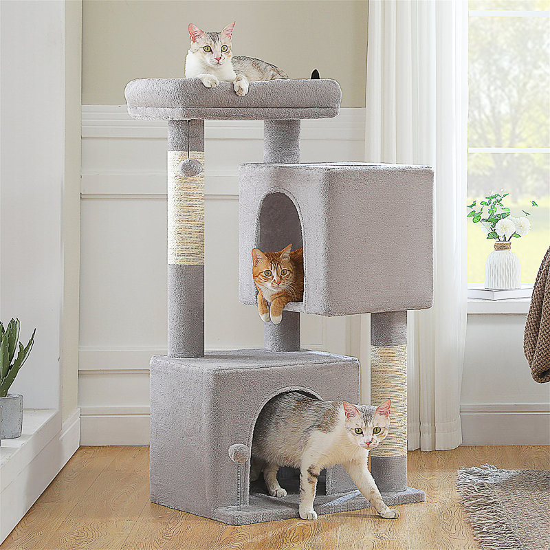 Arbre à chat XL 44 "pour grands chats 20 lb et plus, 2 condos spacieux avec grattoir épaissi de 3,4 po, grand perchoir supérieur, 2 jouets interactifs