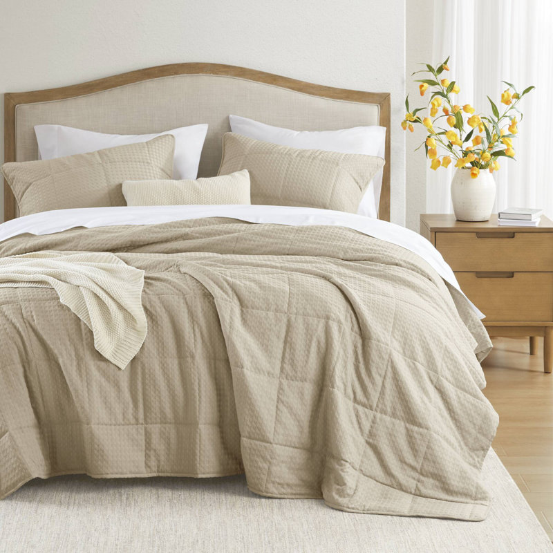 Mina Waffle Weave Textured Cozy Quilt Set, Natural, King/Cal King Quilt + 2 King Shams