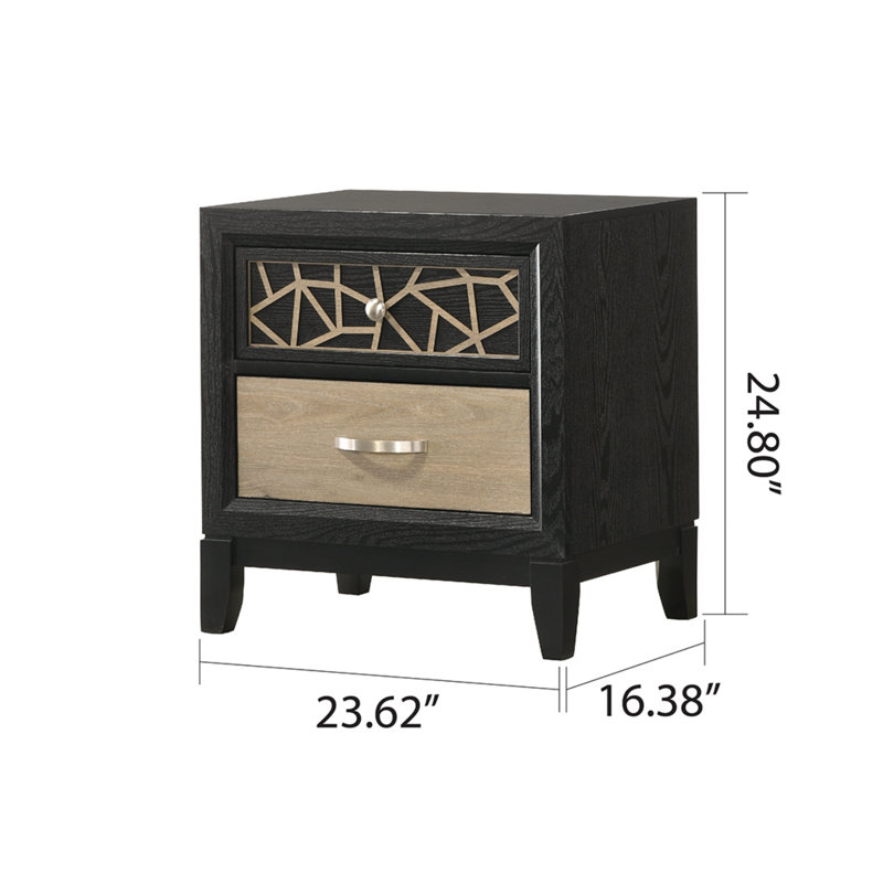 Nightstand Made With Wood In Black And Natural, Two Drawers For Bedside Storage