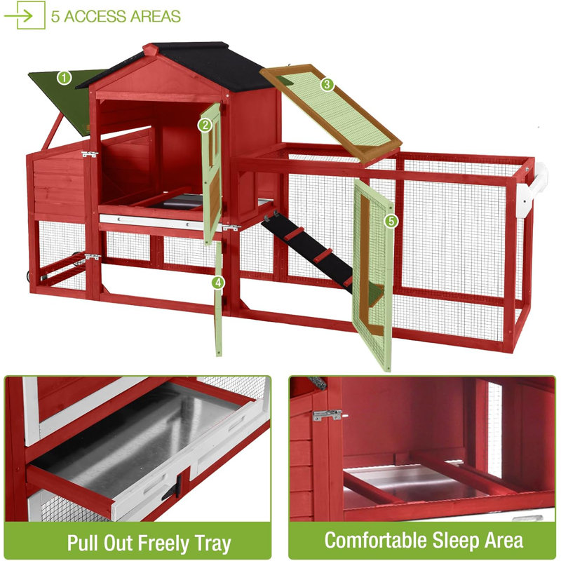 Walk In Chicken Coop with Chicken Run For Up To 3 Chickens, Red