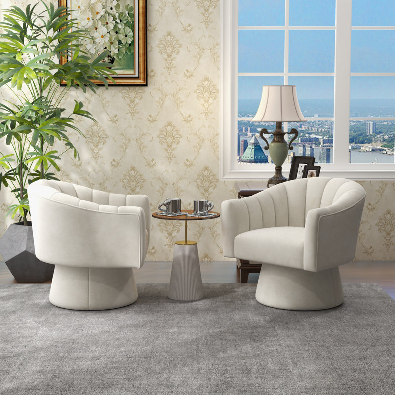 Fauteuil demi-tonneau pivotant de 25,2 po Iryanna, Velours beige, 2