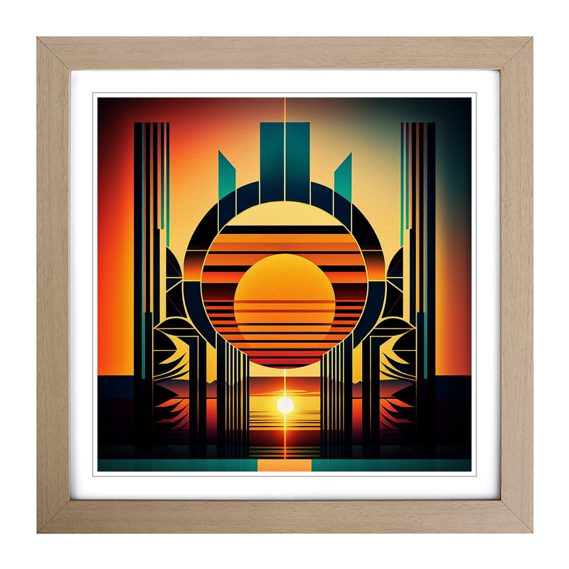 Art Deco Sunset Geometric - Framed Print, Oak
