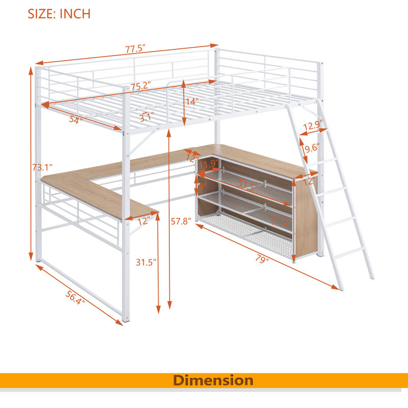 Metal Loft Bed With 3 Layers Of Shelves And L-Shaped Desk, Full, White