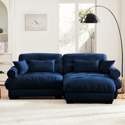 Blue Modern Two - Seater Velvet With And Round Bolster , Cloud Look Comfort For Reading Room, Deep Seat Support, Flexible Combinations Over Size Exquisite Vintage Styling Living Pillows, Filling