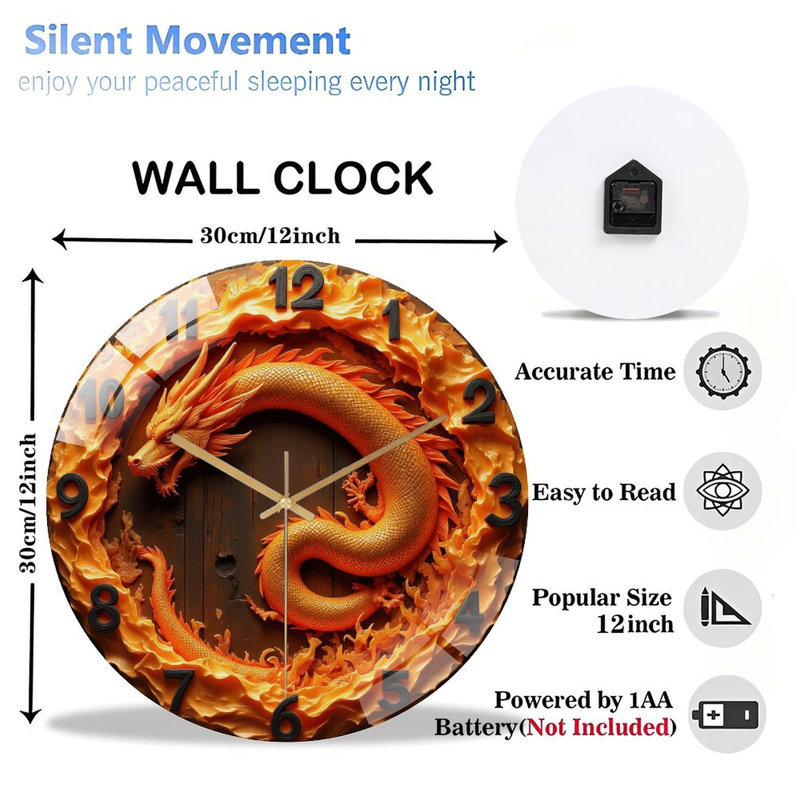 Horloge murale silencieuse en verre trempé de 30 cm, « Élégante horloge murale dragon au design 2D unique », sans tic-tac, fonctionne avec des piles (piles AA non comprises), décoration artistique pour la maison