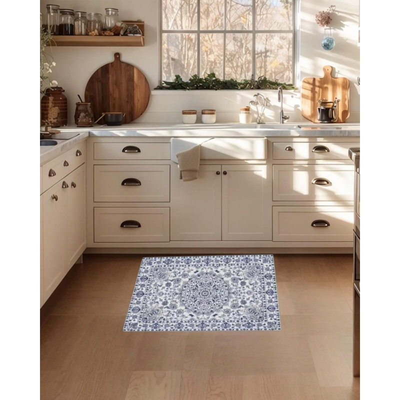 2x3 Vintage Distressed Medallion Rug, Washable, Non-Slip Boho Floral Carpet for Living Room, Bedroom, Dining Room, Blue