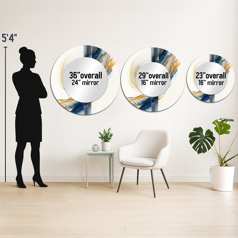 Peyo Blue And Gold Swirl Abstract V - Abstract Spirals Large Wall Mirror, Modern Round Decorative Mirror, Printed Metal Art