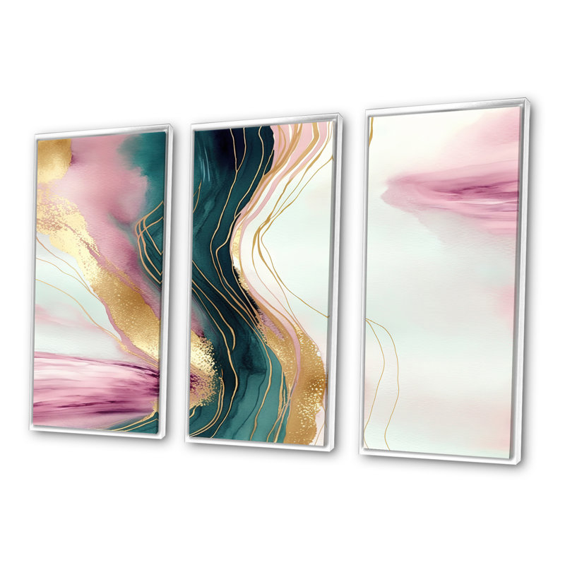 Géode abstraite, marbre rose et vert III, reproduction sur toile 3 pièces, Cadre flottant blanc, H 32 po x l 48 po x P 1 po
