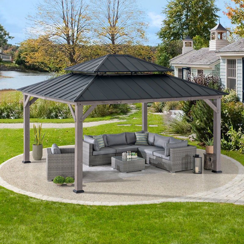 Sunjoy 13 x 15 ft. Wood Gazebo, Outdoor Patio Steel Hardtop Gazebo, Cedar Framed Wooden Gazebo with 2-Tier Metal Roof, Suitable for Patios, Lawn and Backyard