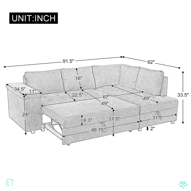 L Shaped Couch With Pull Out Bed And Storage Sectional Sleeper Sofa With Hidden Storage, Grey Polyester