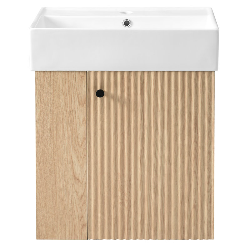 Meuble-lavabo flottant de 21,6 po avec lavabo en céramique, porte ondulée, fermeture en douceur, rangement latéral, poignée en or rose, trou unique, convient au meuble-lavabo moderne à petite échelle, installation murale pour