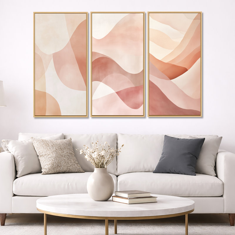 Blush Minimal Layers - Décoration murale abstraite encadrée minimaliste 3 pièces, 32" H x 48" W, Natural Wood Floater Framed