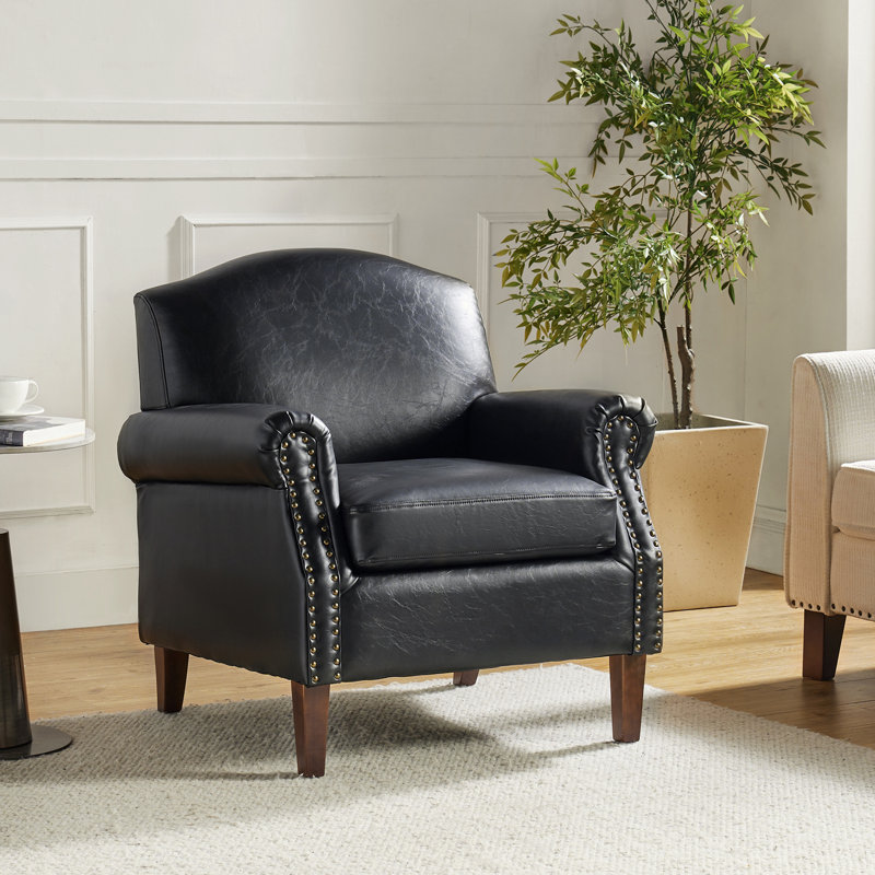 Mooresville 31" W Faux Leather Armchair with Solid Wood Legs, Black Faux Leather