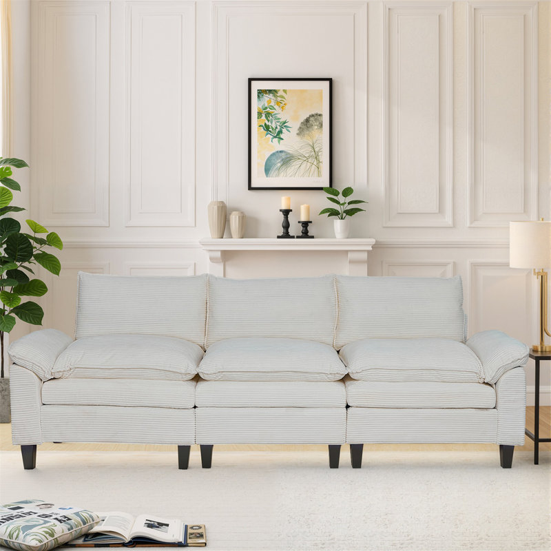 117.7" Sofa Couch, Corduroy Modular Sectional Couches With Removable Covers For Living Room, Bedroom, White
