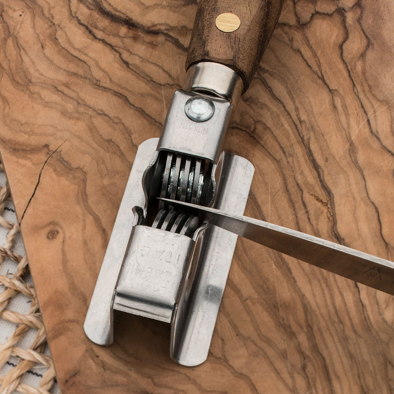 Knife Sharpener - Handheld Manual Sharpening Tool for Fixed Blades, Pocketknives, and Kitchen Knives - Blade Sharpener with Rotating Steel Sharpening Discs and Bubinga Handle by Kings County Tools
